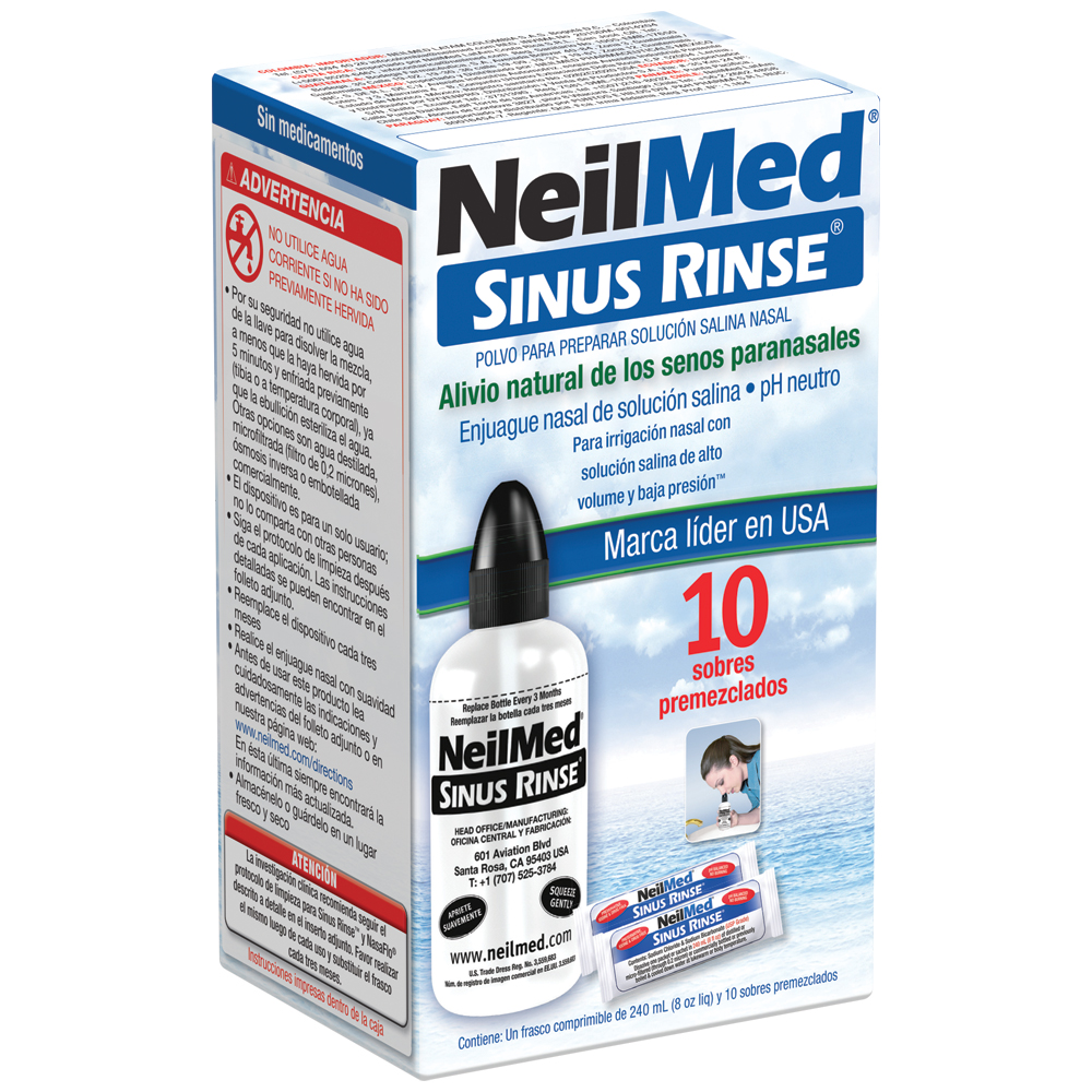 Sinus Rinse - Botella de lavado nasal + 10.58 oz de sal de enjuague sinusal  - para adultos y niños - Botella de 10.1 fl oz sin BPA con 2 adaptadores